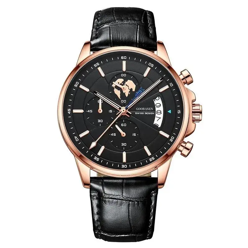 Men's Guberson Quartz Chronograph Watch Black Leather Strap