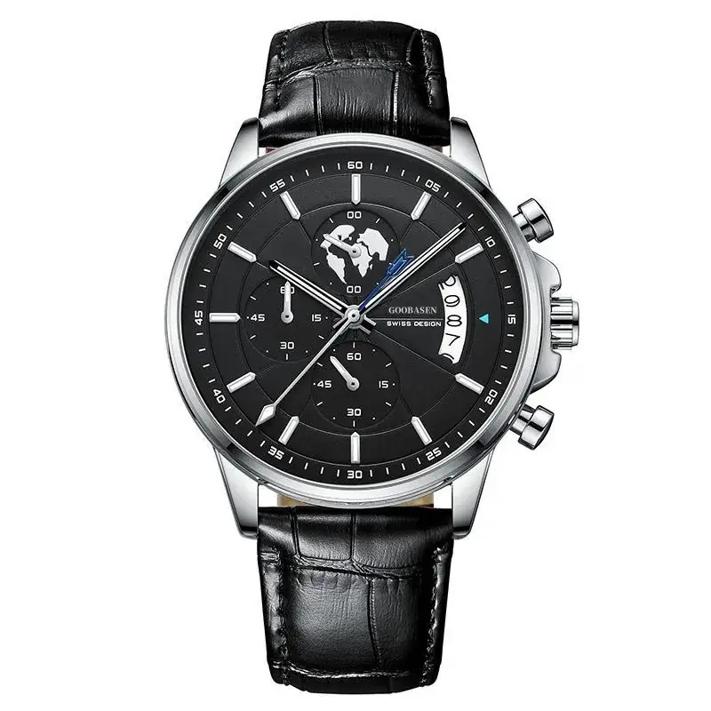 Men's Guberson Quartz Chronograph Watch Black Leather Strap