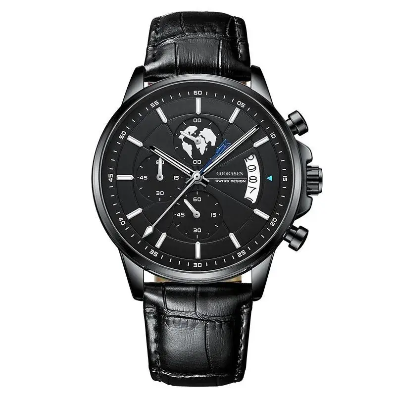 Men's Guberson Quartz Chronograph Watch Black Leather Strap