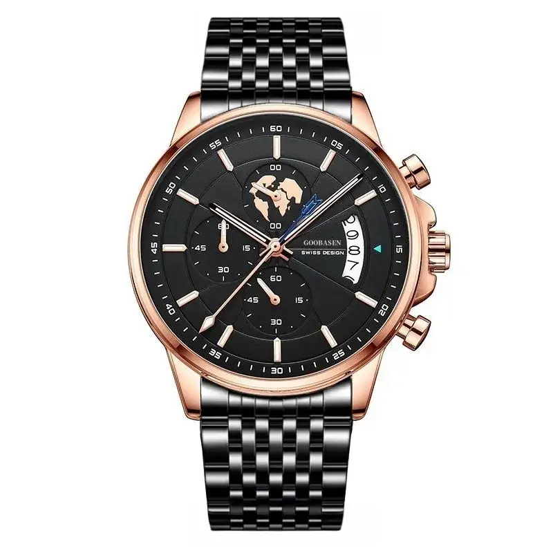 Men's Guberson Quartz Chronograph Watch Black Leather Strap