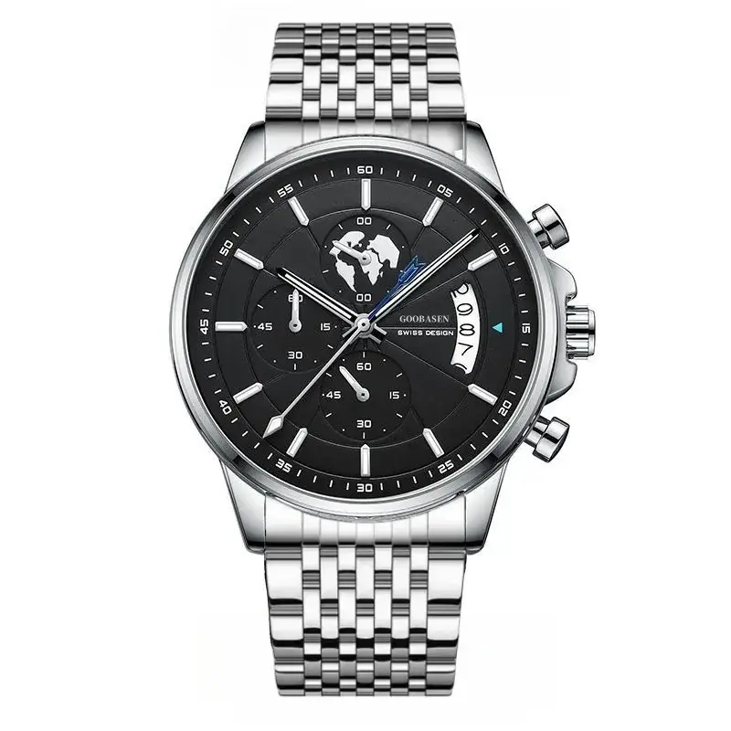 Men's Guberson Quartz Chronograph Watch Black Leather Strap