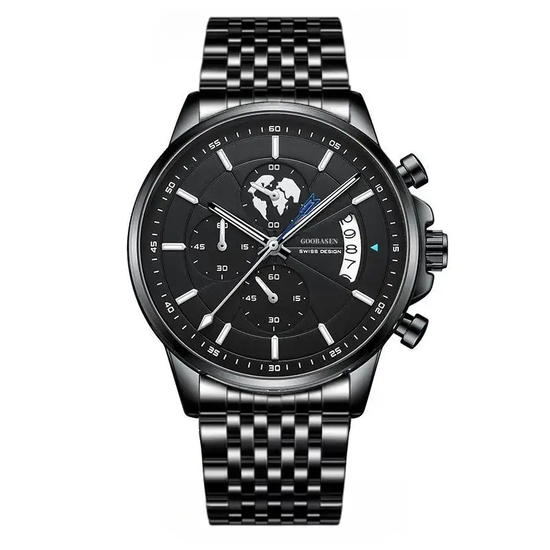 Men's Guberson Quartz Chronograph Watch Black Leather Strap