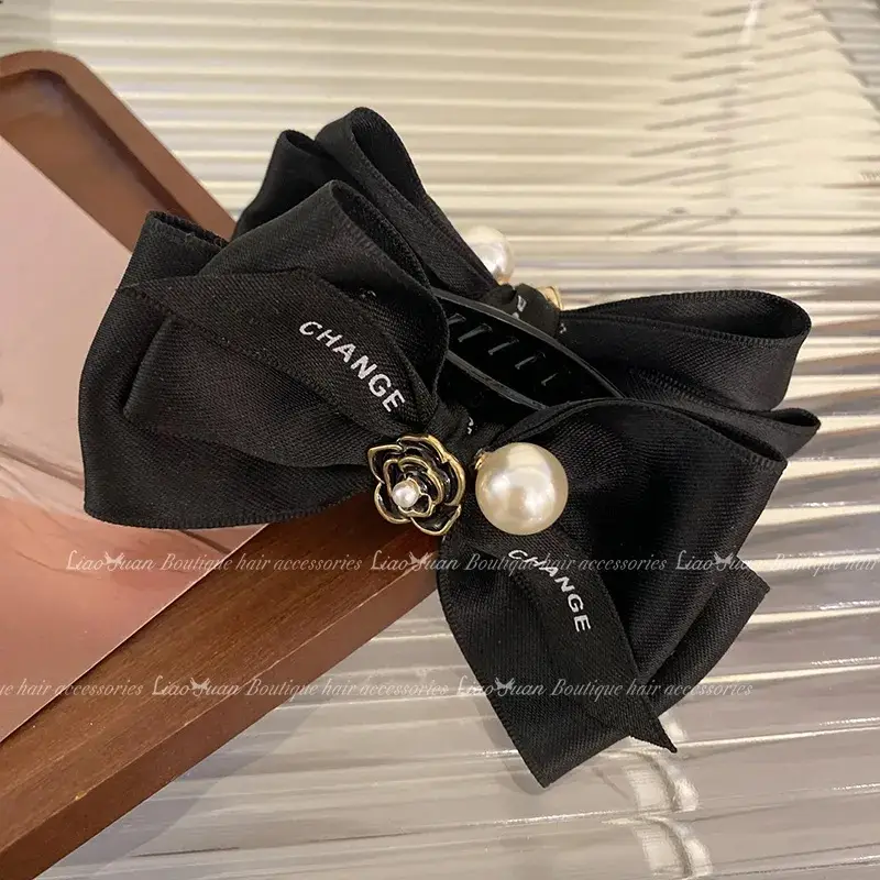 French Style Black Bow Hairpin with Pearl Accents