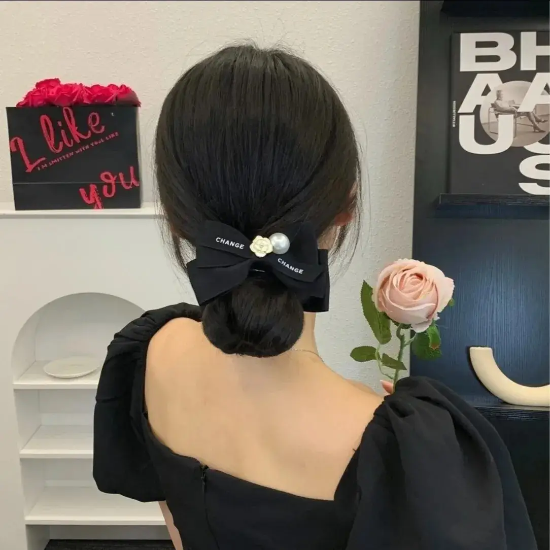 French Style Black Bow Hairpin with Pearl Accents — feature 10