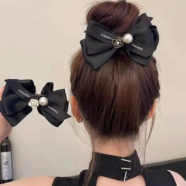French Style Black Bow Hairpin with Pearl Accents — feature 11