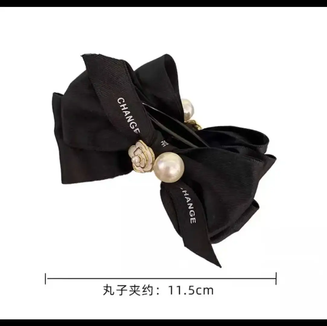 French Style Black Bow Hairpin with Pearl Accents — feature 2