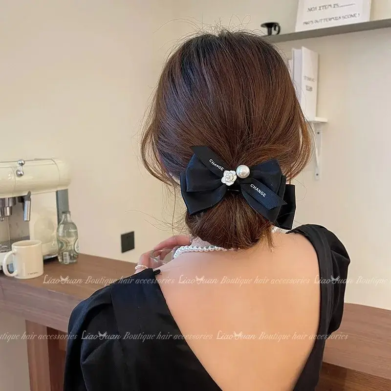 French Style Black Bow Hairpin with Pearl Accents — feature 3
