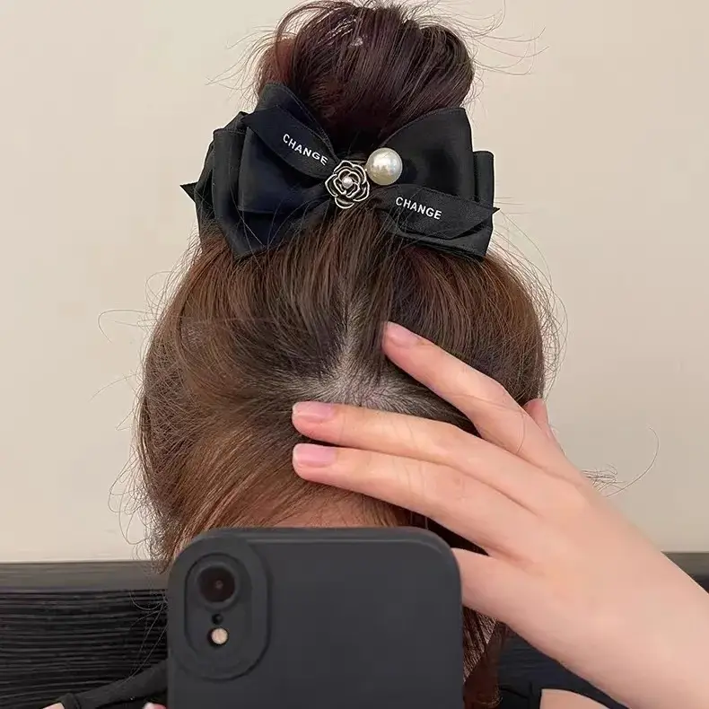French Style Black Bow Hairpin with Pearl Accents — feature 4