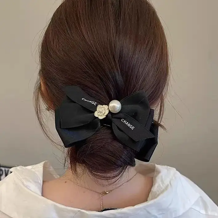 French Style Black Bow Hairpin with Pearl Accents — feature 6