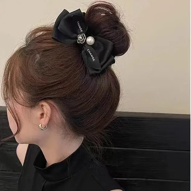 French Style Black Bow Hairpin with Pearl Accents — feature 7