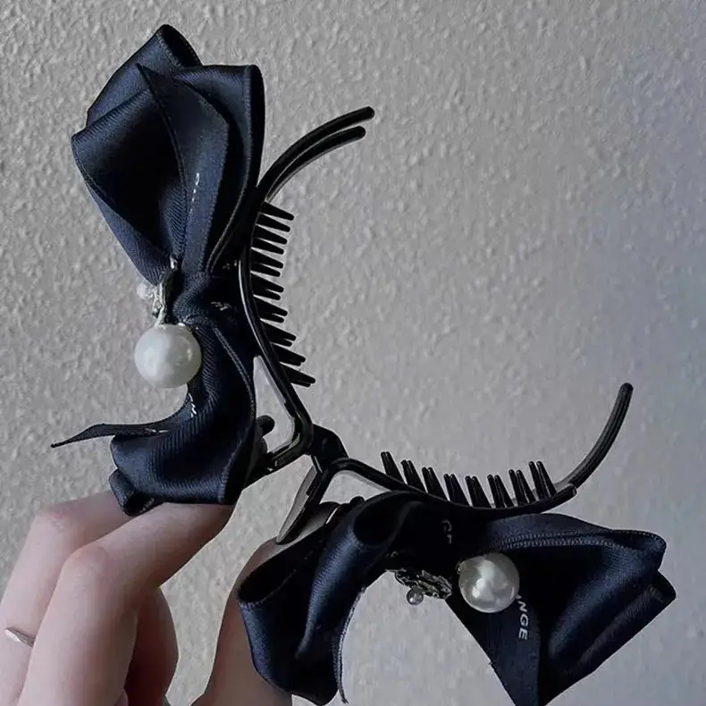 French Style Black Bow Hairpin with Pearl Accents — feature 8