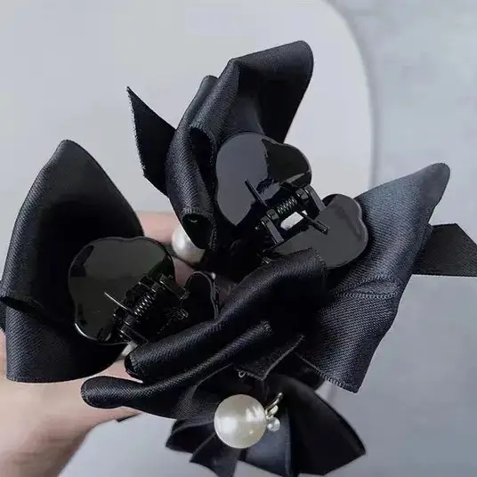 French Style Black Bow Hairpin with Pearl Accents — feature 9