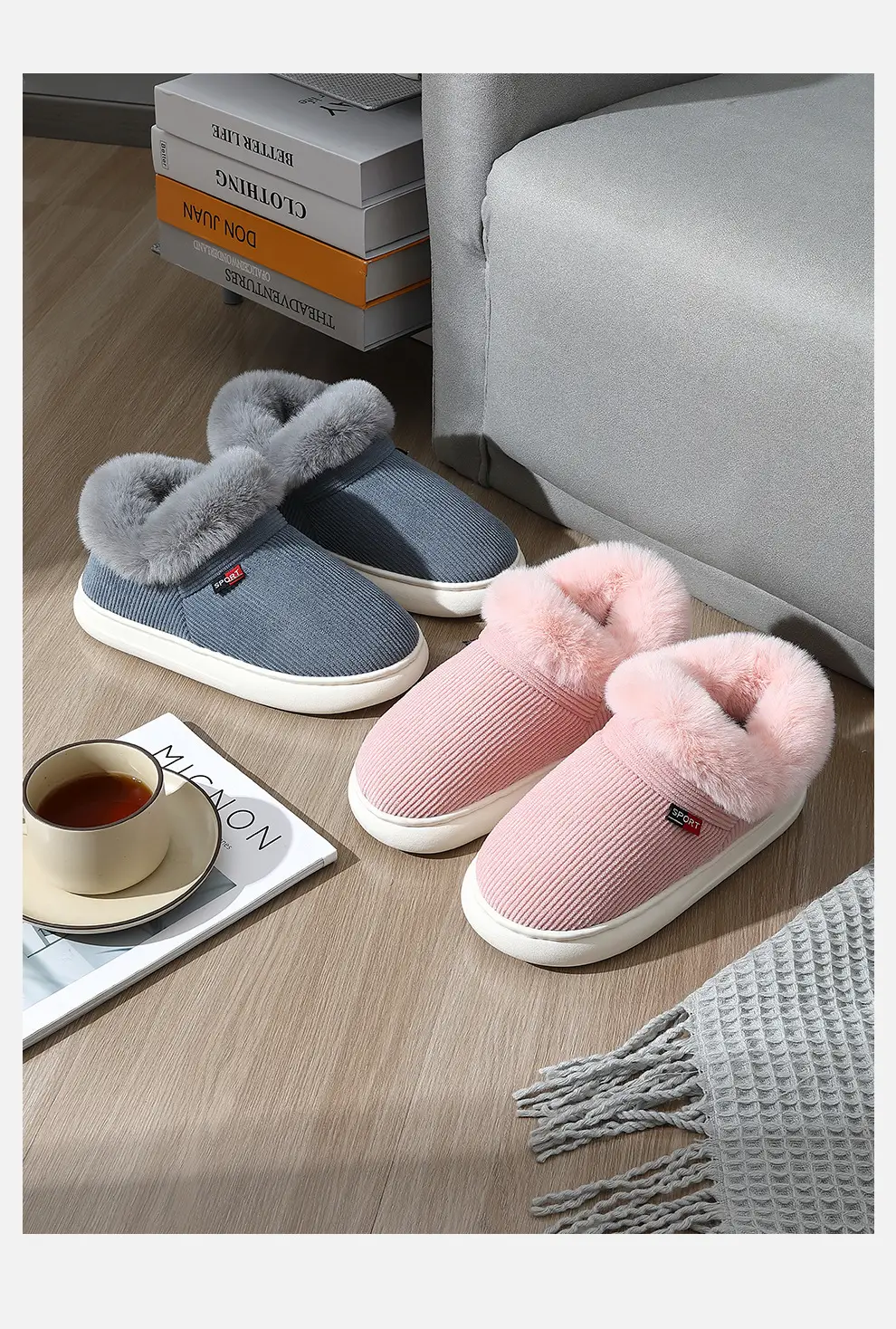 Cotton slippers women's velvet bag heel winter new indoor home thick bottom non-slip thermal cotton slippers men's outer wear wholesale — feature 22
