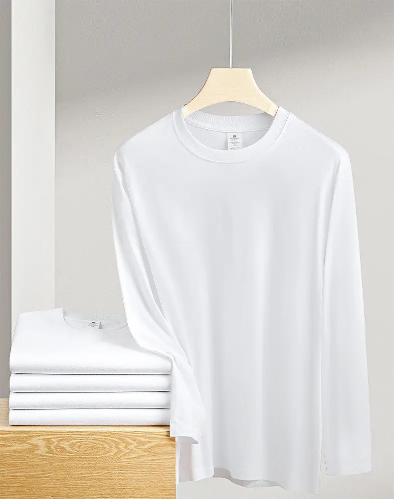 Men White Long Sleeve Cotton T-Shirt 210g — feature 2