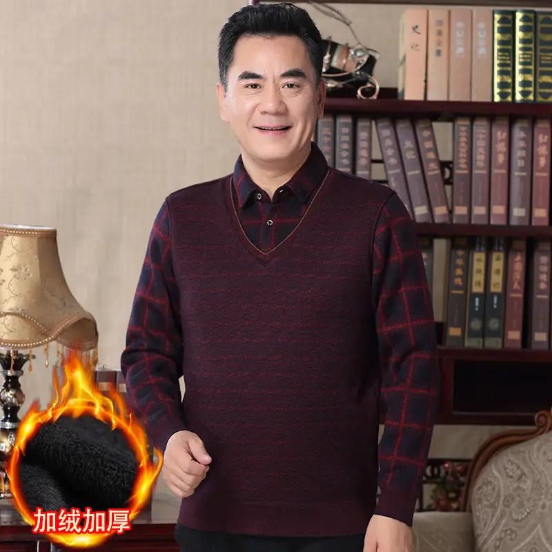 Men Fleece Lined V-Neck Sweater Black Winter Warm - Image 11