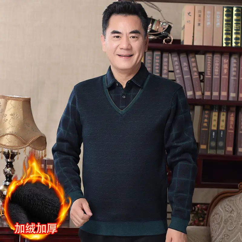 Men Fleece Lined V-Neck Sweater Black Winter Warm - Image 12