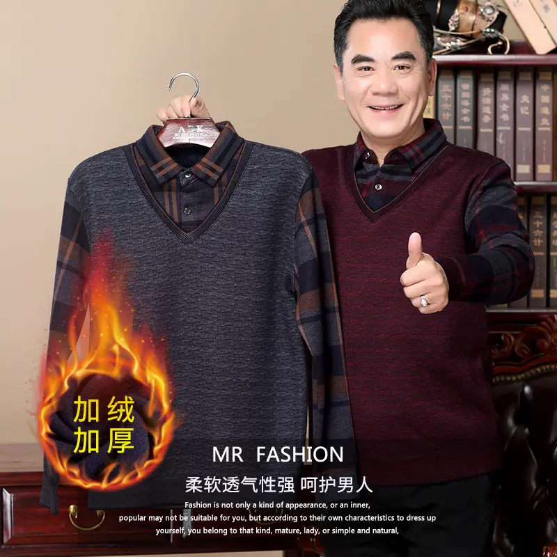 Men Fleece Lined V-Neck Sweater Black Winter Warm - Image 13