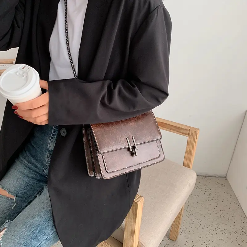 Brown Textured Chain Shoulder Bag for Women - Image 8