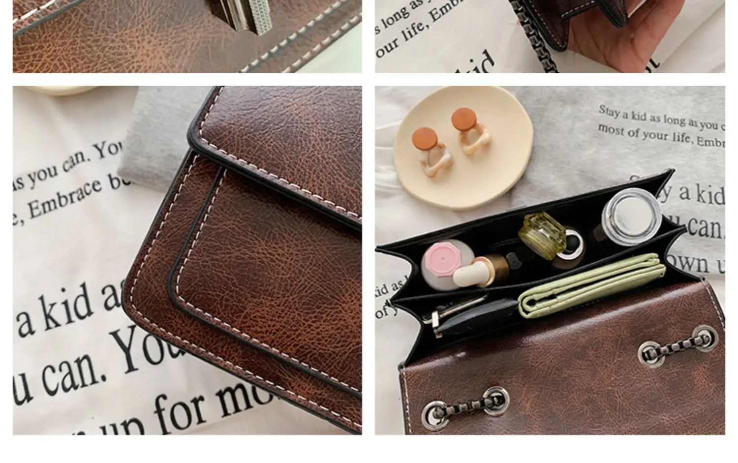 Brown Textured Chain Shoulder Bag for Women — feature 8