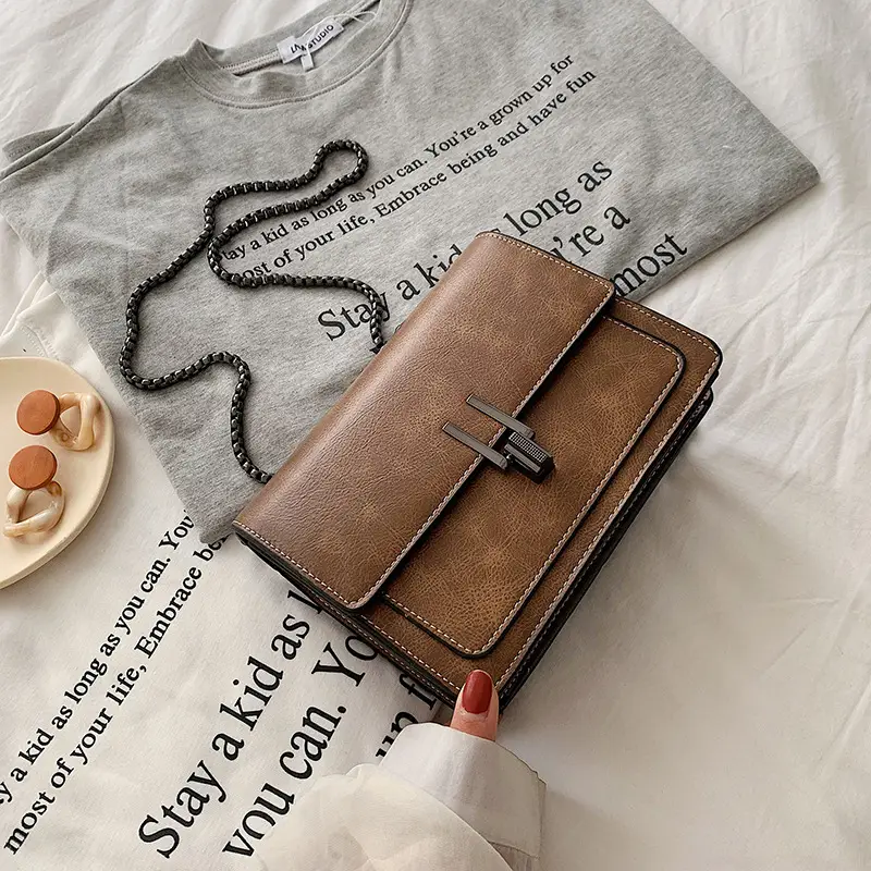 Brown Textured Chain Shoulder Bag for Women - Image 3
