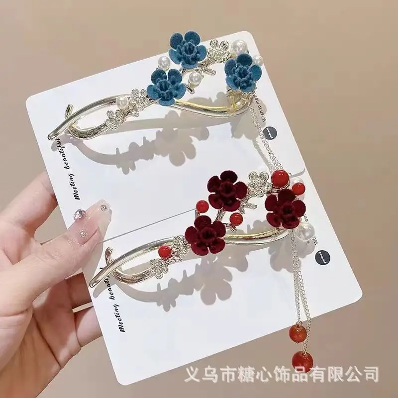 Blue Rose Twisted Hairpin with Tassel & Pearl - Image 5