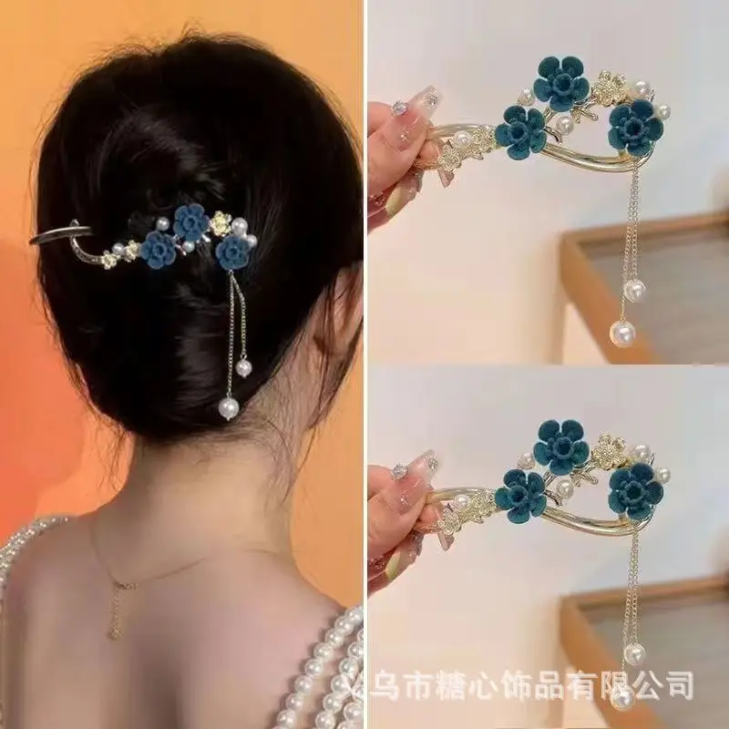 Blue Rose Twisted Hairpin with Tassel & Pearl — feature 12