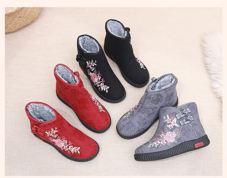 Old Beijing cloth shoes women's cotton-padded shoes winter fleece-lined warm mom shoes retro ethnic style embroidered shoes short boots milk shoes — feature 11