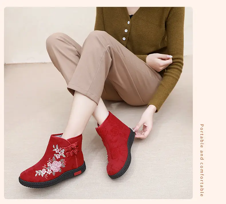 Old Beijing cloth shoes women's cotton-padded shoes winter fleece-lined warm mom shoes retro ethnic style embroidered shoes short boots milk shoes — feature 12