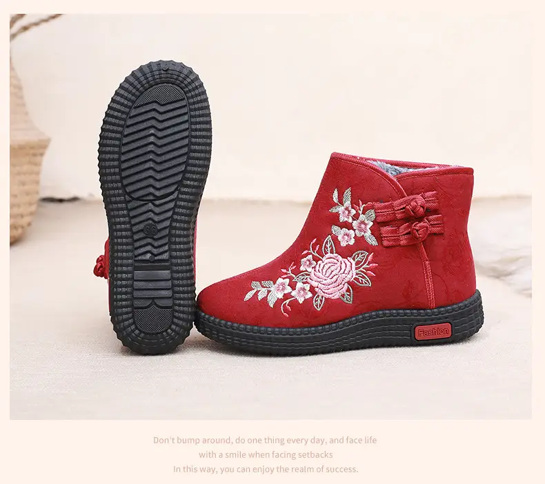 Old Beijing cloth shoes women's cotton-padded shoes winter fleece-lined warm mom shoes retro ethnic style embroidered shoes short boots milk shoes — feature 13