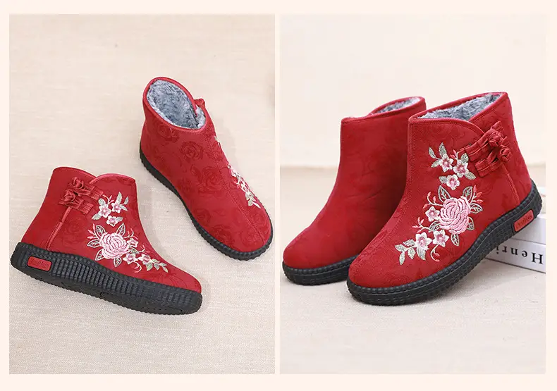Old Beijing cloth shoes women's cotton-padded shoes winter fleece-lined warm mom shoes retro ethnic style embroidered shoes short boots milk shoes — feature 14