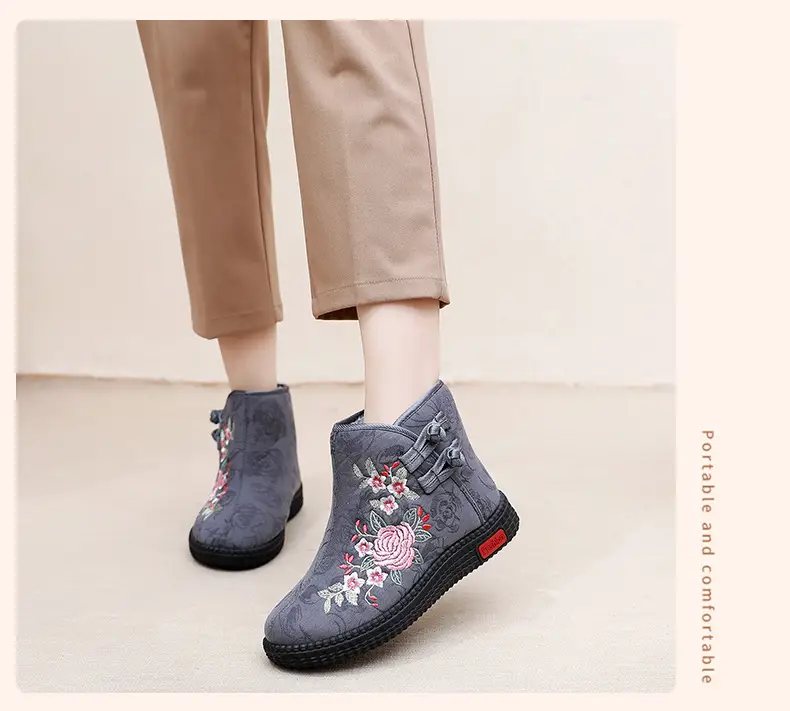 Old Beijing cloth shoes women's cotton-padded shoes winter fleece-lined warm mom shoes retro ethnic style embroidered shoes short boots milk shoes — feature 17