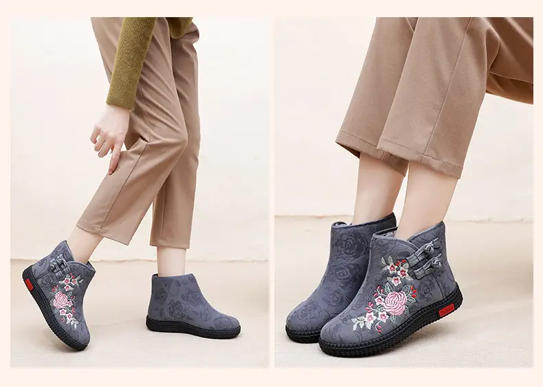 Old Beijing cloth shoes women's cotton-padded shoes winter fleece-lined warm mom shoes retro ethnic style embroidered shoes short boots milk shoes — feature 19