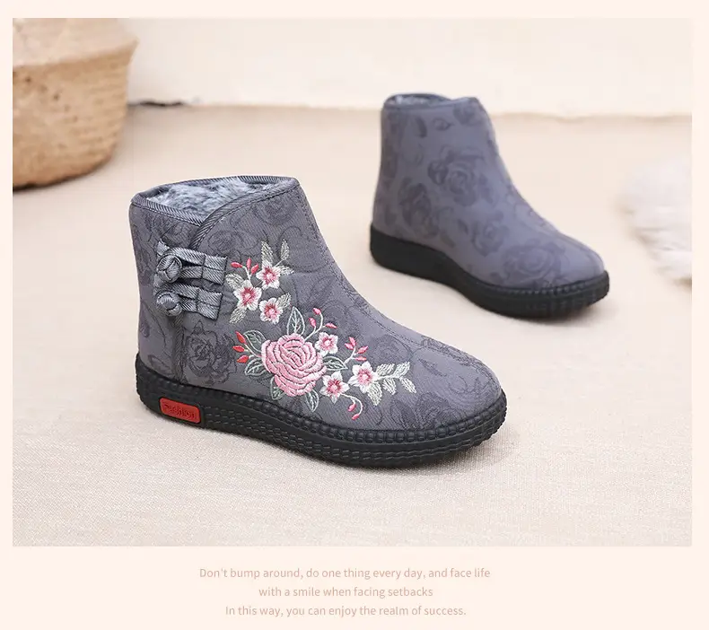 Old Beijing cloth shoes women's cotton-padded shoes winter fleece-lined warm mom shoes retro ethnic style embroidered shoes short boots milk shoes — feature 23