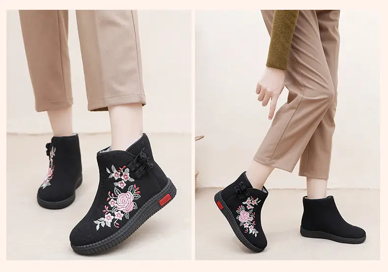 Old Beijing cloth shoes women's cotton-padded shoes winter fleece-lined warm mom shoes retro ethnic style embroidered shoes short boots milk shoes — feature 24