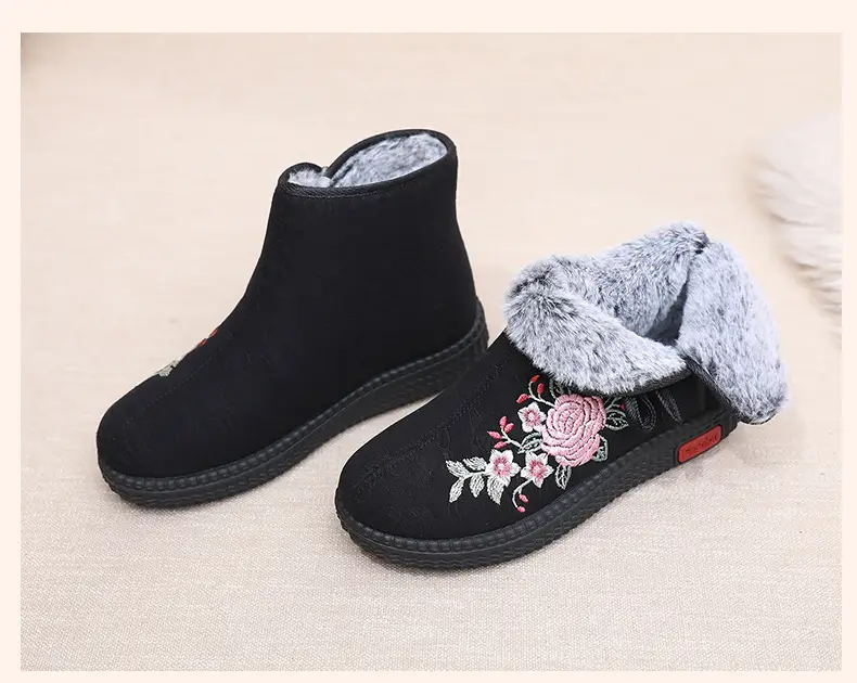 Old Beijing cloth shoes women's cotton-padded shoes winter fleece-lined warm mom shoes retro ethnic style embroidered shoes short boots milk shoes — feature 26