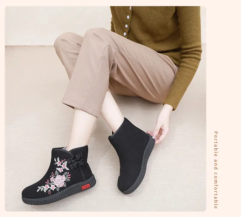 Old Beijing cloth shoes women's cotton-padded shoes winter fleece-lined warm mom shoes retro ethnic style embroidered shoes short boots milk shoes — feature 27