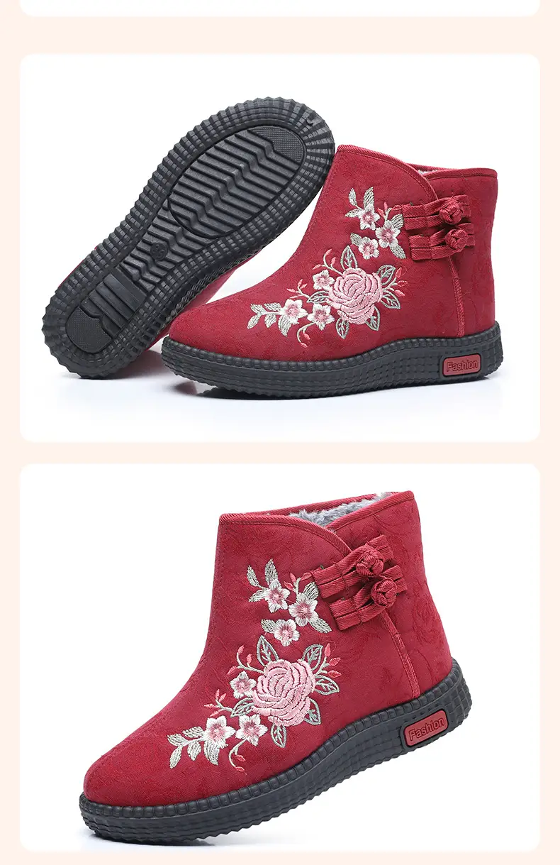 Old Beijing cloth shoes women's cotton-padded shoes winter fleece-lined warm mom shoes retro ethnic style embroidered shoes short boots milk shoes — feature 32