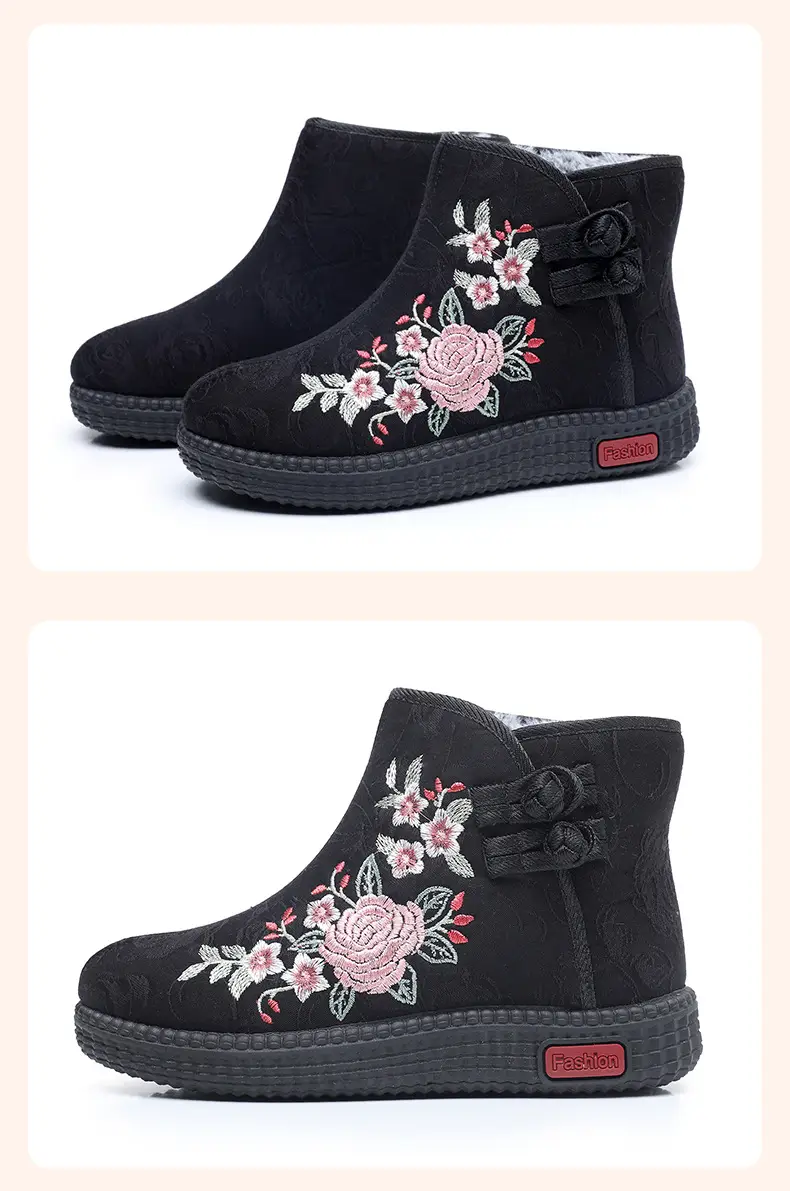 Old Beijing cloth shoes women's cotton-padded shoes winter fleece-lined warm mom shoes retro ethnic style embroidered shoes short boots milk shoes — feature 33
