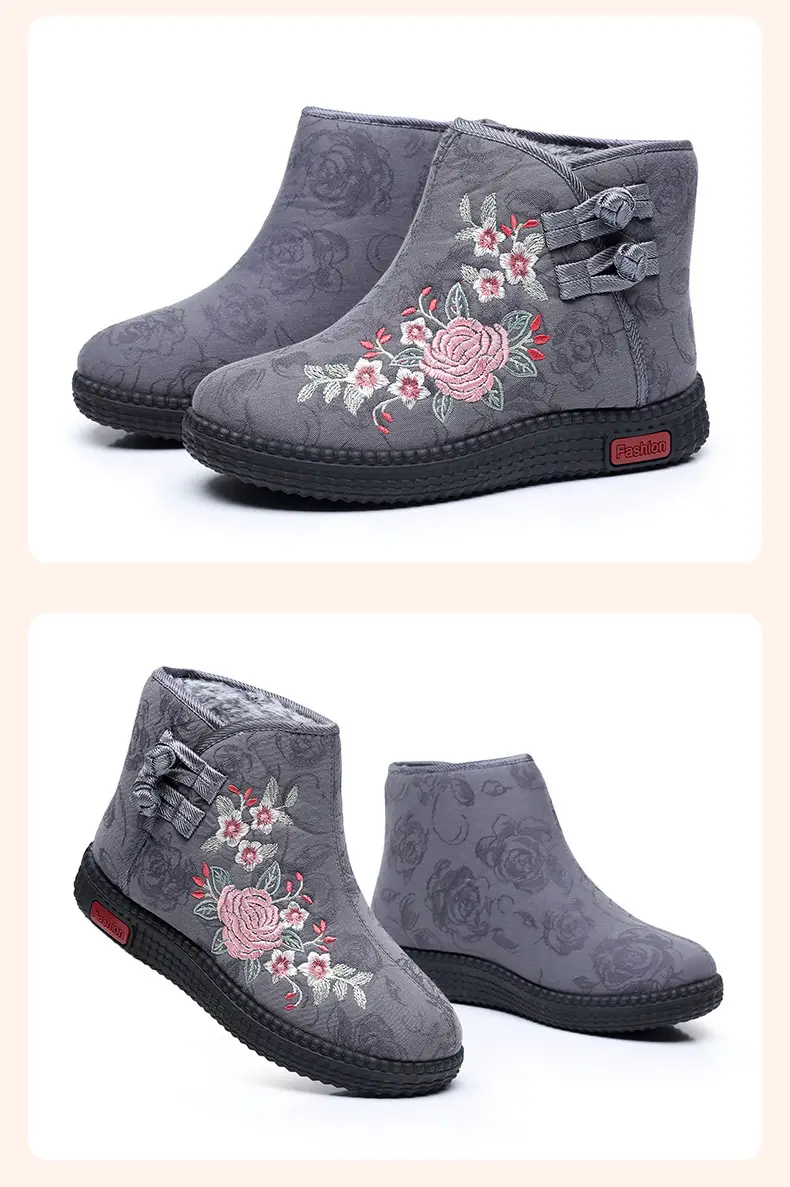 Old Beijing cloth shoes women's cotton-padded shoes winter fleece-lined warm mom shoes retro ethnic style embroidered shoes short boots milk shoes — feature 34