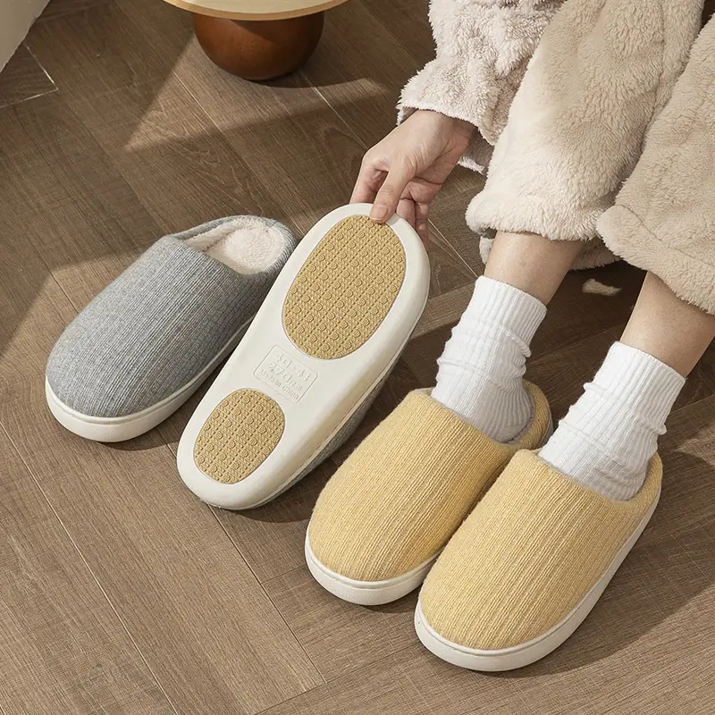 Home Indoor Non-Slip Cotton Slippers for Women in Autumn and Winter, Simple Fleece-Lined Thickened Warm Slippers for Couples, Men's Home Leisure Slippers - Image 4