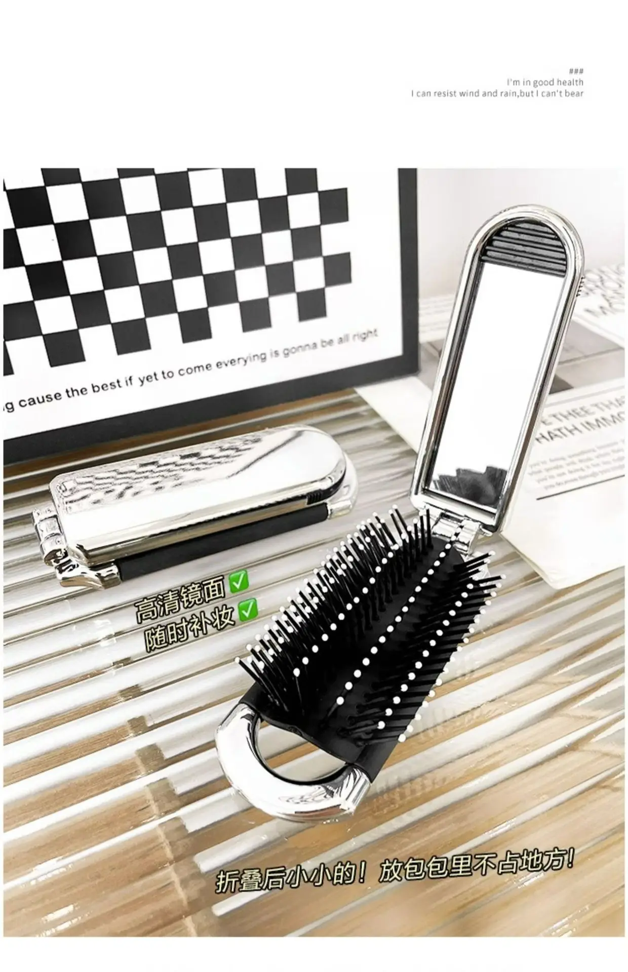 Women's Mini Hair Brush with Mirror and Air Cushion Design — feature 9