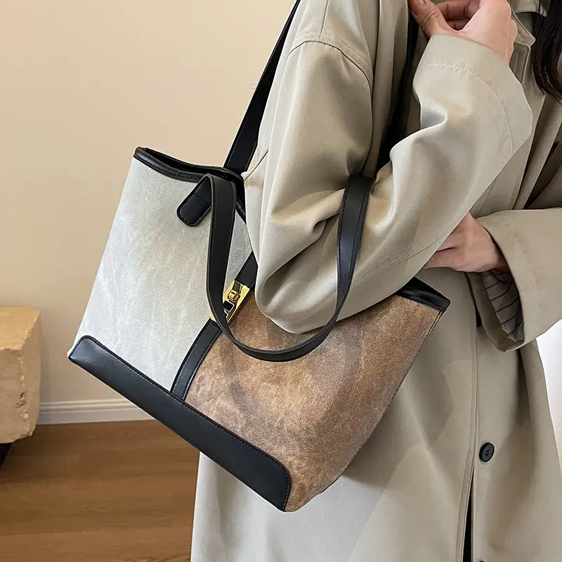Women's Large Capacity Shoulder Bag Brown Grey Textile Work - Image 4