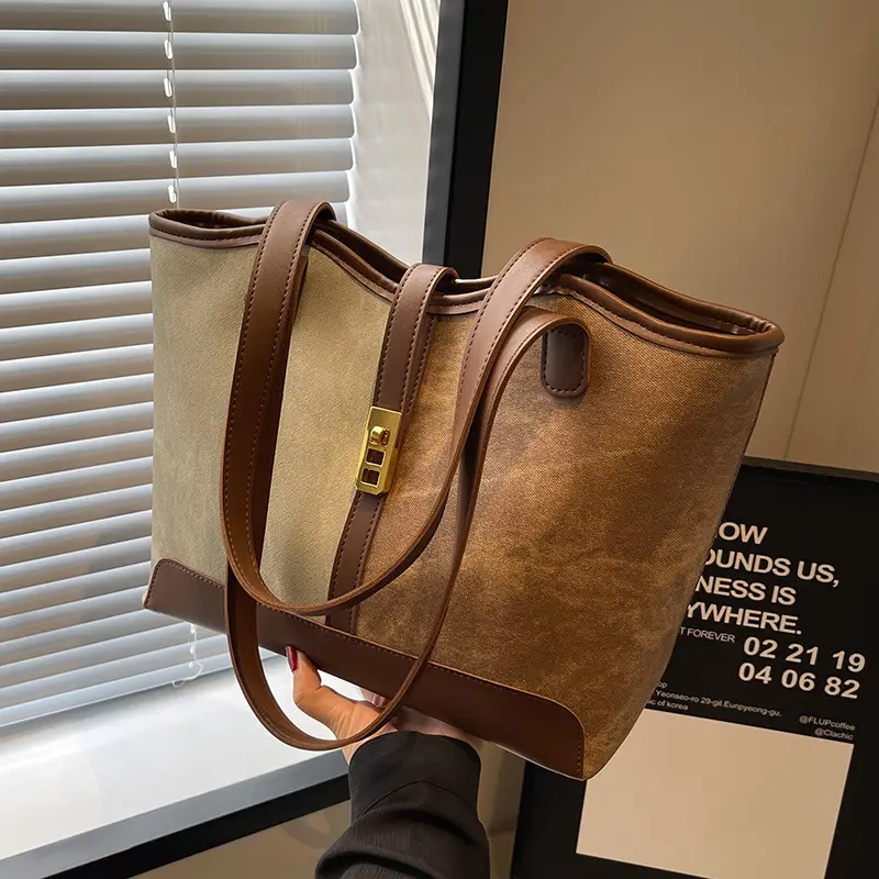 Women's Large Capacity Shoulder Bag Brown Grey Textile Work - Image 5