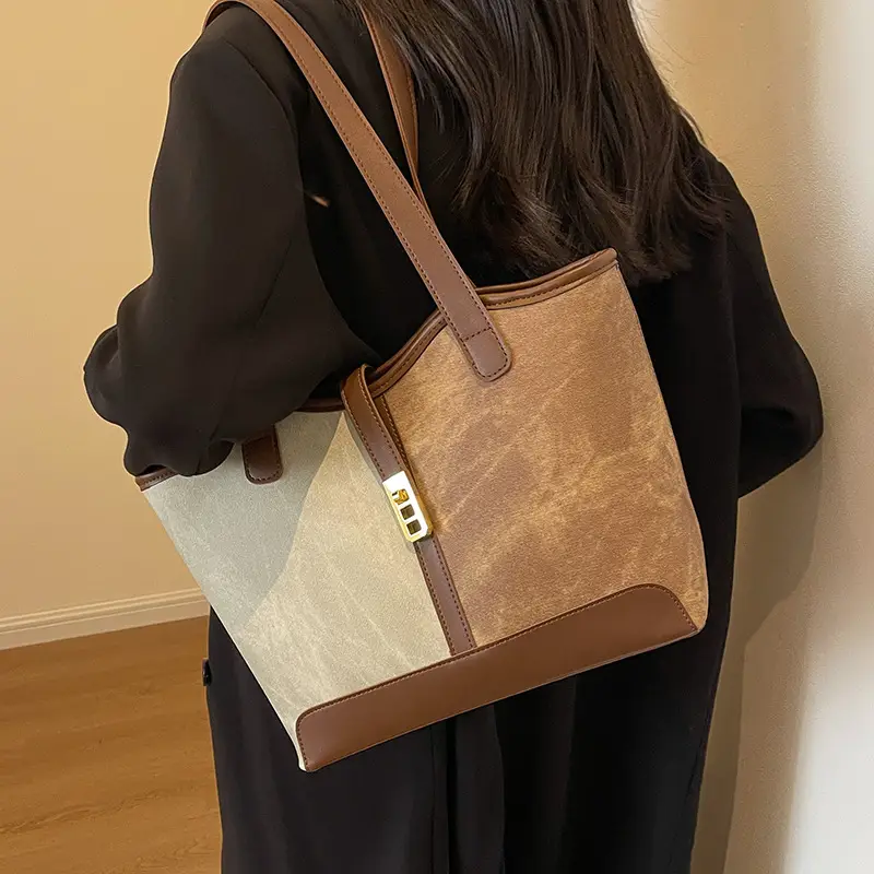 Women's Large Capacity Shoulder Bag Brown Grey Textile Work - Image 6