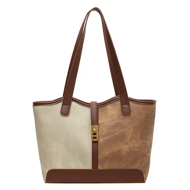 Women's Large Capacity Shoulder Bag Brown Grey Textile Work - Image 7