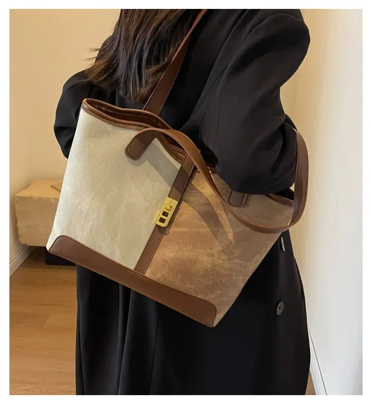 Women's Large Capacity Shoulder Bag Brown Grey Textile Work — feature 1