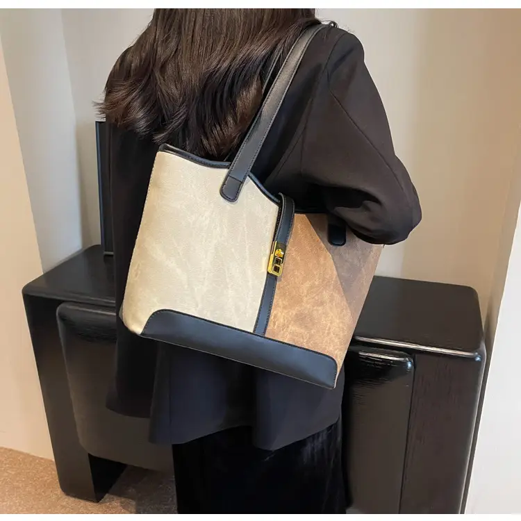Women's Large Capacity Shoulder Bag Brown Grey Textile Work — feature 10