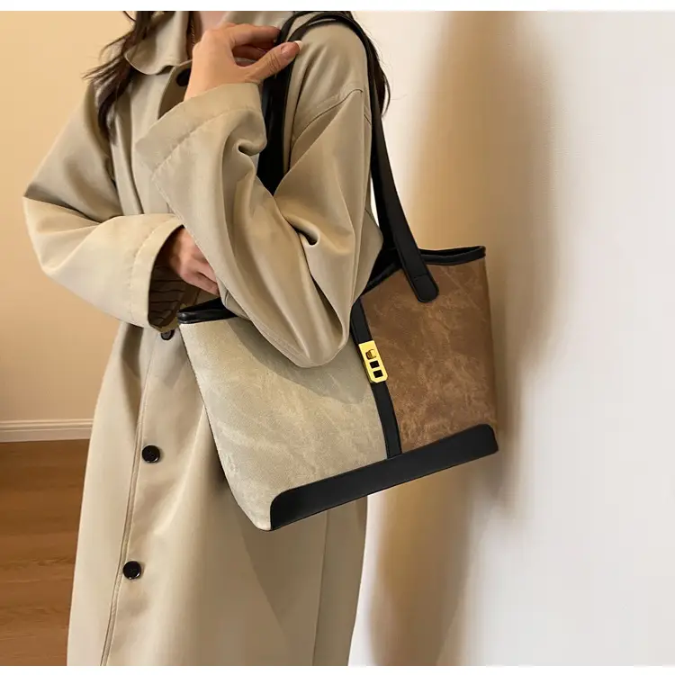 Women's Large Capacity Shoulder Bag Brown Grey Textile Work — feature 11