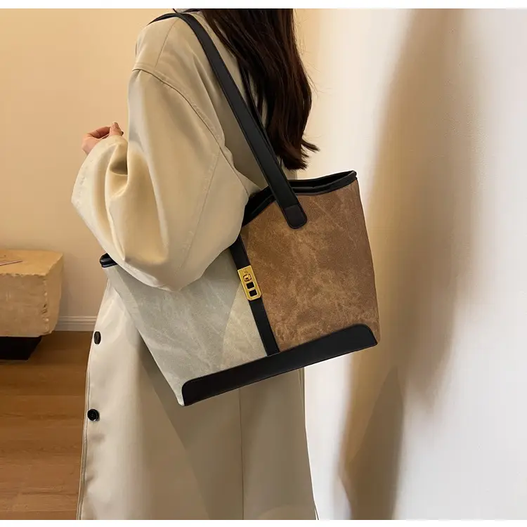 Women's Large Capacity Shoulder Bag Brown Grey Textile Work — feature 12