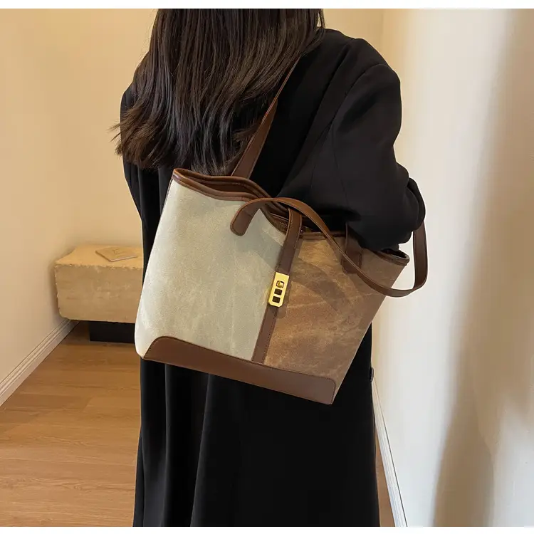 Women's Large Capacity Shoulder Bag Brown Grey Textile Work — feature 13